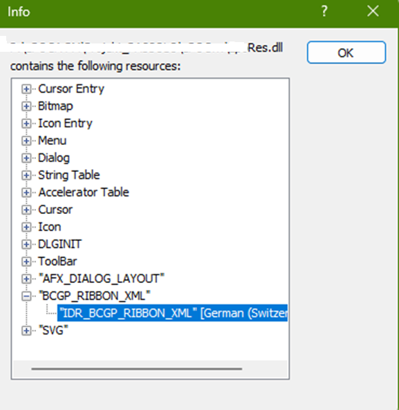Screenshot of Trados Studio Info dialog showing a list of resources contained in a .dll file including Cursor Entry, Bitmap, Icon Entry, Menu, Dialog, String Table, Accelerator Table, Cursor, Icon, DLGINIT, ToolBar, AFX_DIALOG_LAYOUT, BCGP_RIBBON_XML, and SVG.