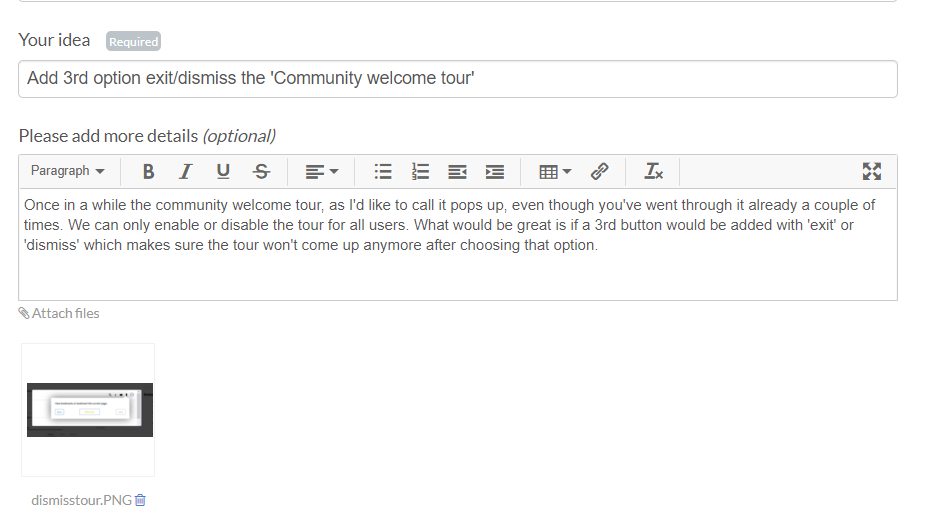 Screenshot of a feedback form on Trados Studio's platform with a suggestion to add a third option to exit or dismiss the 'Community welcome tour'.