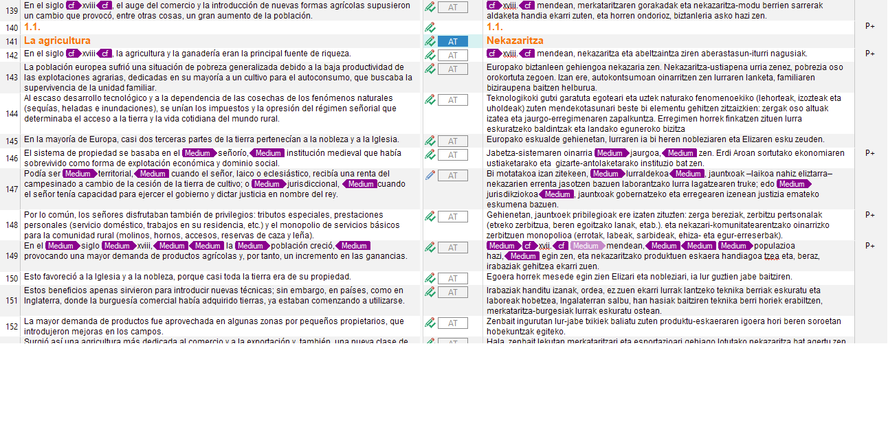 Screenshot of Trados Studio Ideas edit window showing segment layout with text in various colors indicating different statuses, such as AT (Auto-Translated) and Medium (Confidence Level). No visible errors or warnings.