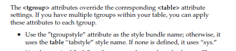 Text excerpt from Trados Studio documentation explaining the use of 'tgroupstyle' attribute in tables.