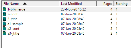 Screenshot of Trados Studio showing a list of file names with their last modified dates and page counts. The '1-blkmerge' file was last modified on 23-Nov-20 15:22 with 4 pages, while the others were modified on 07-Jan-20 08:40 with varying page counts.