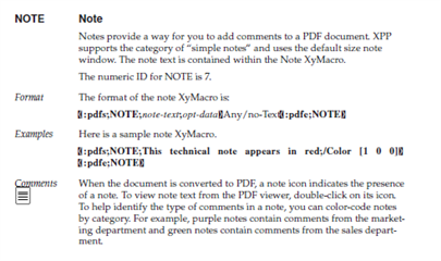Screenshot of Trados Studio PDF documentation showing a section titled 'NOTE' with details on how to add comments to a PDF document using XyMacro. It includes format, examples, and comments about the feature.