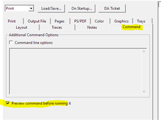 Trados Studio screenshot showing the Command tab with an unchecked 'Preview command before running it' box.