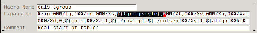 Screenshot of Trados Studio macro named 'cals_tgroup' with an expansion field containing code and a highlighted 'tgroupstyle' parameter.