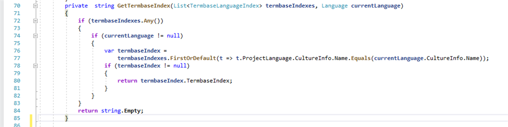 Screenshot of Trados Studio code editor showing a method called GetTermbaseIndex with conditional logic to retrieve language index from termbase indexes.