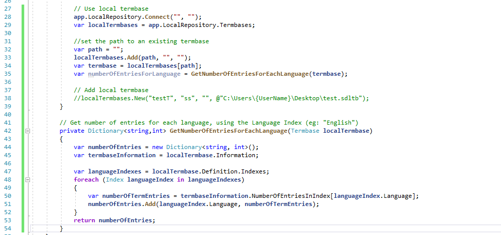 Screenshot of Trados Studio code displaying the method 'GetNumberOfEntriesForEachLanguage' with comments explaining the steps.