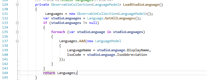 Screenshot of Trados Studio code snippet showing a method to load language models and retrieve all languages using Sdl.Core.Globalization.dll API, specifically at line 131.