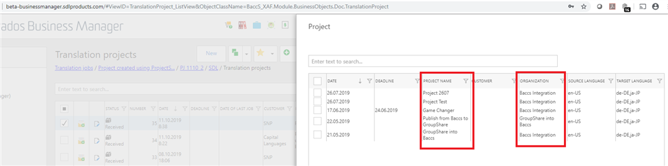 Screenshot of Trados Business Manager interface showing a list of translation projects with mismatched organization names highlighted in red.