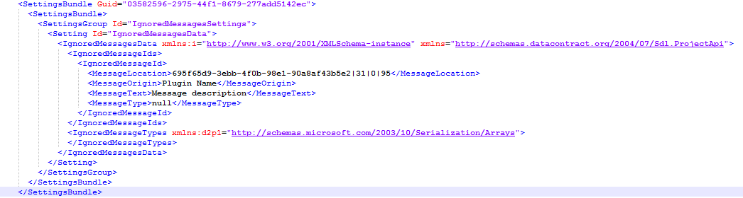 XML code snippet from Trados Studio showing IgnoredMessagesData settings with a message ID, location, origin, description, and type.