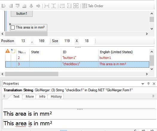 Screenshot of Passolo software interface displaying the translation string 'This area is in mm ' for a checkbox element with ID 'checkBox1'.