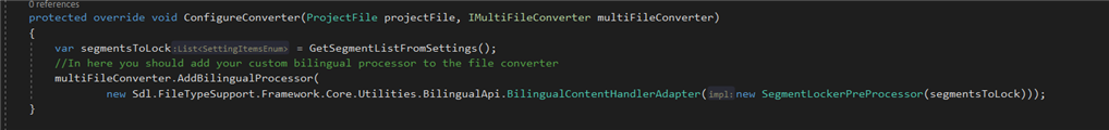 Screenshot of Trados Studio code with a comment suggesting to add a custom bilingual processor to the file converter.