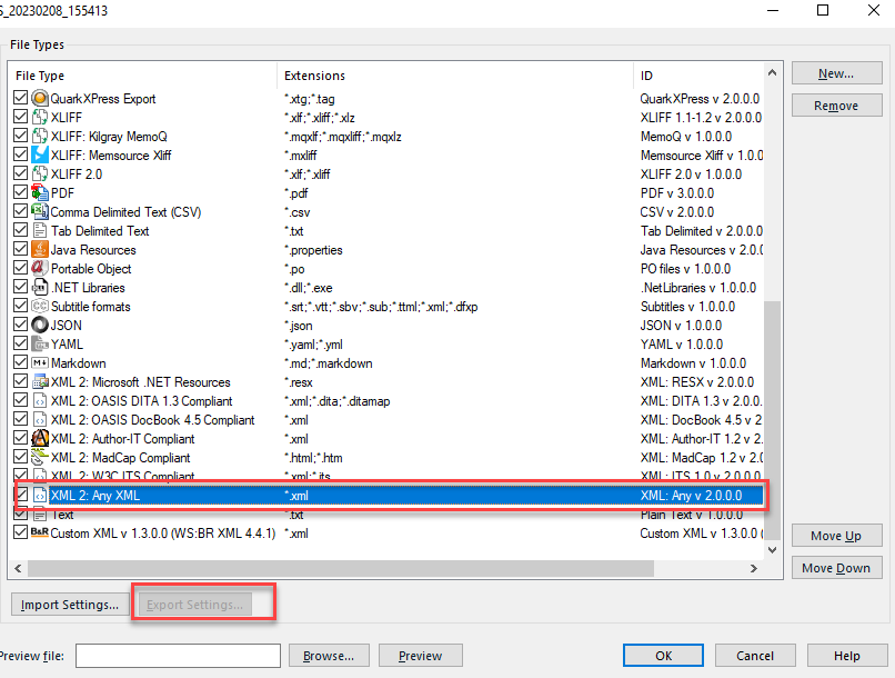 Trados Studio File Types window showing XML 2: Any XML file type selected with the 'Export Settings' button highlighted.
