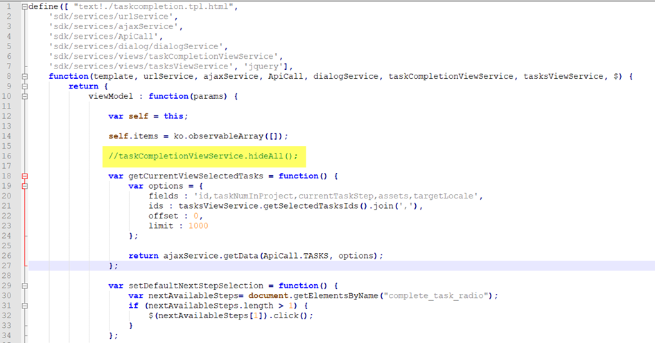 Screenshot of Trados Studio code with a section commented out, possibly to disable a feature or function.
