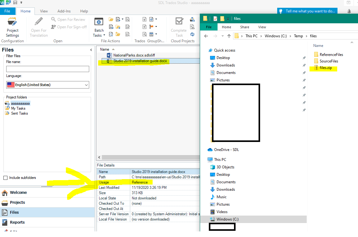 Screenshot of Trados Studio interface showing the 'Files' view with two documents listed, one highlighted as 'Studio 2019 installation guide.docx' with details below, and an arrow pointing to the 'Usage' field labeled 'Reference'.
