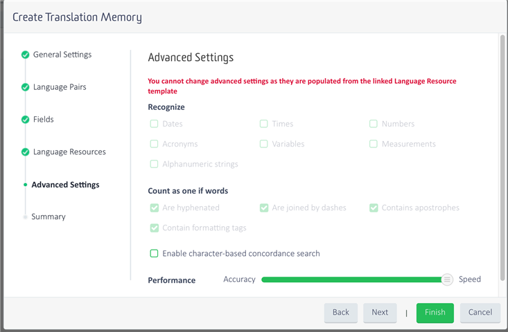 Trados Studio 'Create Translation Memory' window showing an error message in 'Advanced Settings' that reads 'You cannot change advanced settings as they are populated from the linked Language Resource template'. Options to recognize dates, times, numbers, acronyms, variables, and measurements are visible but not selectable.