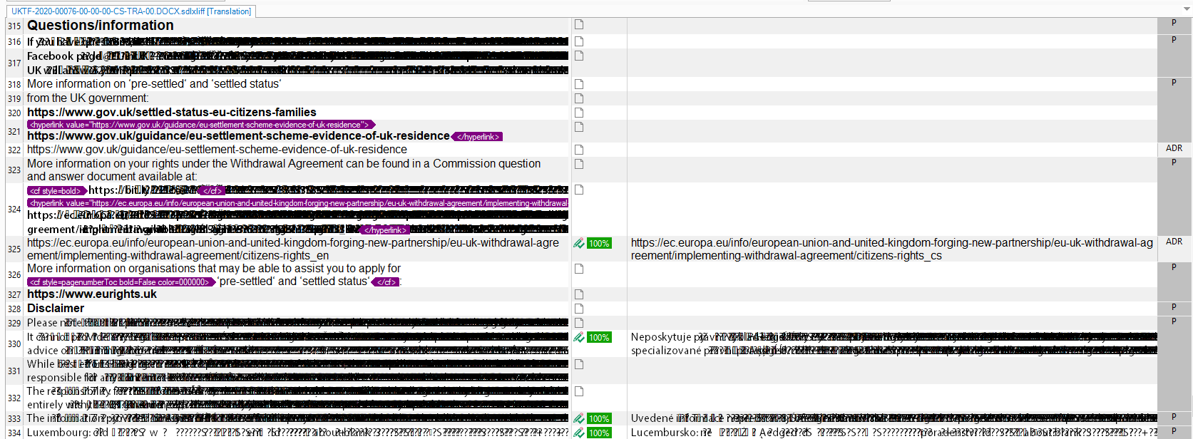 Screenshot of Trados Studio editor with unreadable signs in the source window, replacing expected text. Visible hyperlinks and style tags are interspersed with corrupted characters.
