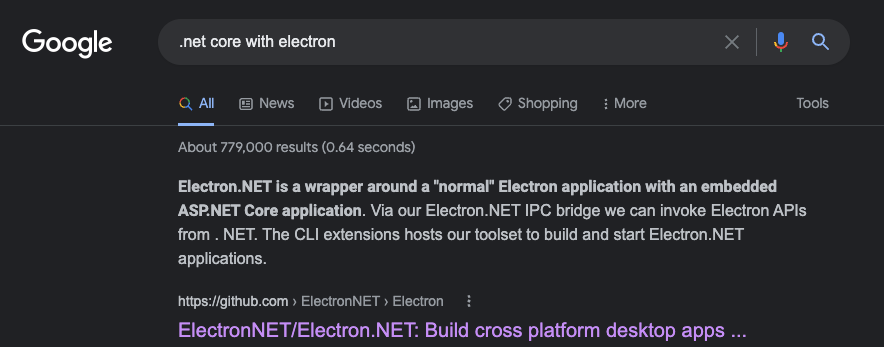 Google search results for '.net core with electron' showing a highlighted result for Electron.NET, described as a wrapper for Electron applications with ASP.NET Core integration.