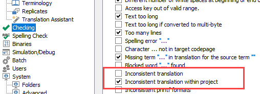 Trados Studio screenshot showing the 'Checking' menu expanded with various checks listed. 'Inconsistent translation' and 'Inconsistent translation within project' are highlighted.