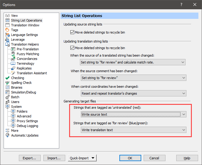Trados Studio Options dialog box with String List Operations selected. Under Generating target files, 'Strings that are tagged as untranslated' option is set to 'Write source text'.
