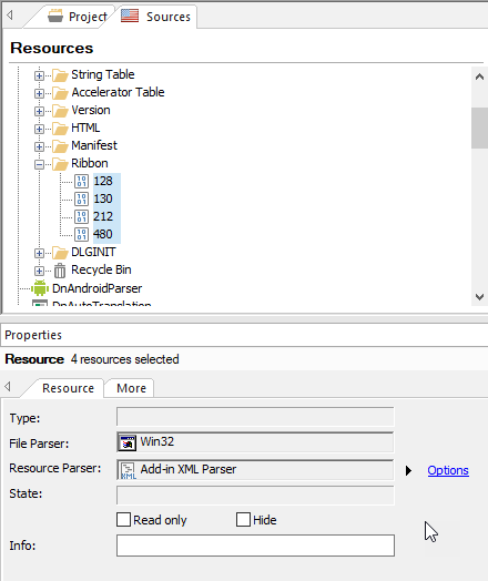 Screenshot of Trados Studio showing the Resources tree view with items such as String Table, Accelerator Table, and Ribbon expanded. The Properties window below has Resource Parser set to Add-in XML Parser with an Options button visible.