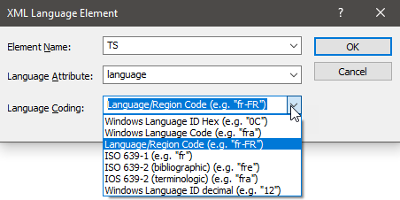 Trados Studio XML Language Element dialog box showing a dropdown for Language Coding with options like 'LanguageRegion Code (e.g., 'fr-FR')' but no option with an underscore.