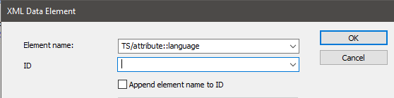 Trados Studio XML Data Element dialog box with Element name field filled as 'TSattribute::language' and an empty ID field. OK and Cancel buttons are visible.