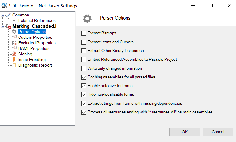Screenshot of SDL Passolo - .Net Parser Settings window with various parser options and checkboxes.
