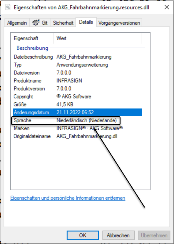 Details tab in Windows Explorer showing language of AKG_Fahrbahnmarkierung.resources.dll as Dutch (Niederlande).