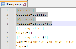 Screenshot of a Trados Studio filters.pslopt file with inserted lines highlighted, showing content, options, version, and string filter sections.
