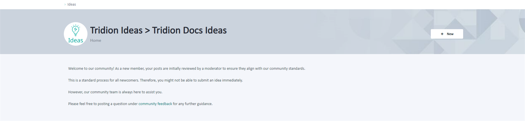Screenshot of Trados Studio RWS Community page with a message stating new member posts are reviewed by a moderator and may not be able to submit an idea immediately, with a 'New' button visible but not active.