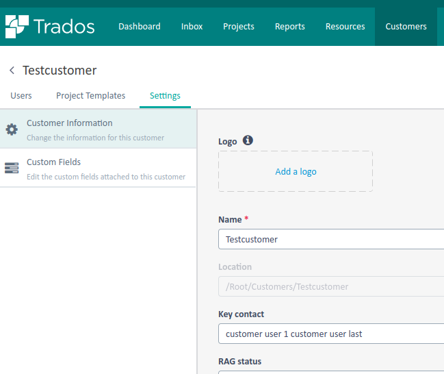 Screenshot of Trados Studio's customer settings page showing the 'Testcustomer' profile with fields for logo, name, location, key contact, and RAG status. The location field displays 'RootCustomersTestcustomer'.
