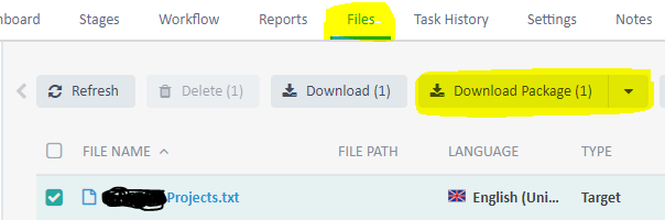 Trados Studio interface showing the 'Files' tab with options to Refresh, Delete, Download, and a highlighted 'Download Package' button indicating 1 item selected.