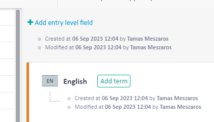 Trados Studio interface showing 'Add entry level field' button, with details of creation and modification by Tamas Meszaros.