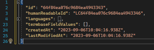 JSON code snippet with empty 'Languages' and 'termbaseFieldValues' arrays, including creation and last modified timestamps.