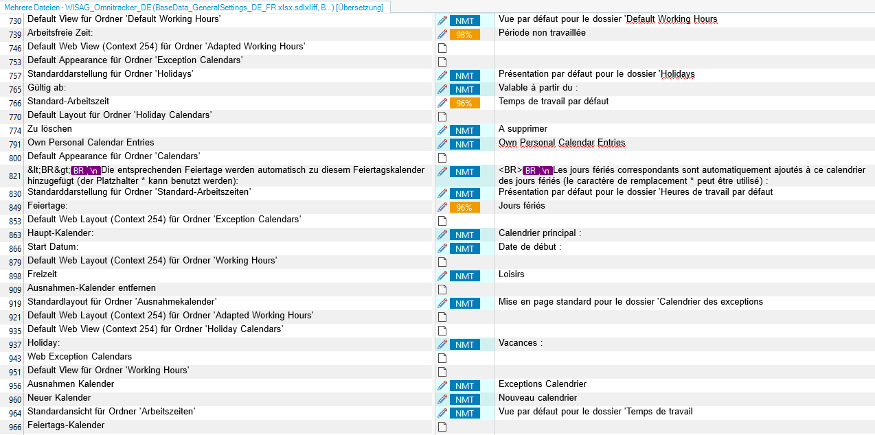 Screenshot of Trados Studio 2022 showing a list of segments with some untranslated segments marked as NMT.