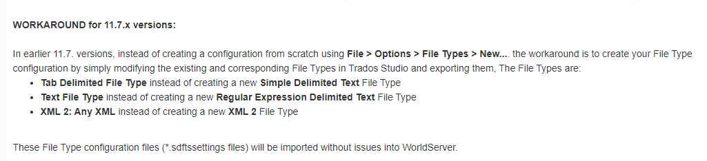 Workaround instructions for Trados Studio 11.7.x versions, suggesting modifying existing file types instead of creating new ones.