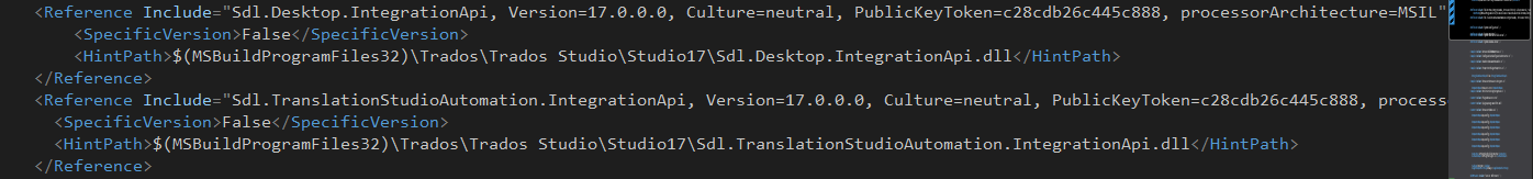 XML code snippet showing references to Sdl.Desktop.IntegrationApi and Sdl.TranslationStudioAutomation.IntegrationApi with version 17.0.0.0 and hint paths modified to use MSBuildProgramFiles32 variable.