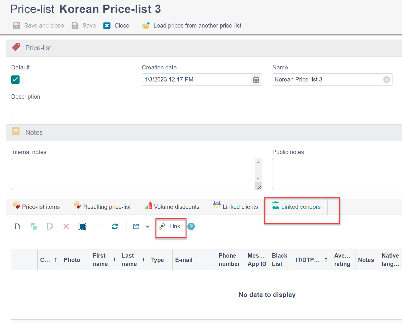 Trados Studio screenshot showing the 'Price-list Korean Price-list 3' interface with a red box highlighting the 'Linked vendors' tab indicating a possible error location.