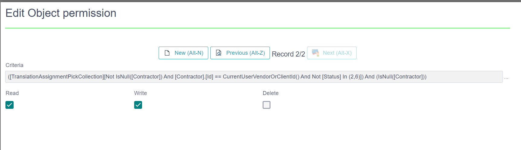 Screenshot of Trados Studio displaying Edit Object permission for Translation assignment with criteria and Read and Write permissions checked.