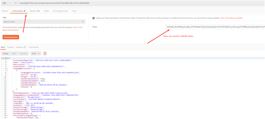 Screenshot of Trados Studio showing an API request in Swagger with an error message indicating 'Authorization has been denied for this request.' and a warning 'You have reached the end of the token.'