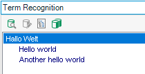 Screenshot of Trados Studio's Term Recognition panel showing translations for 'Hallo Welt' but without any additional fields or indication of forbidden terms.