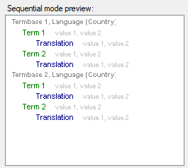 Screenshot of Trados Studio's Sequential mode preview displaying two termbases with terms and their translations, but additional fields like gender and plurality are not visible.