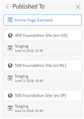 Tridion Sites 'Published To' panel showing 'Home Page Example' published to three different foundation sites with staging status and timestamps.