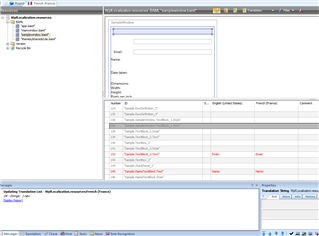 Screenshot of Passolo Professional Edition showing a project with WPF XAML files. The preview window is unable to display string resources for SampleWindow.xaml, while it works for MainWindow.xaml.
