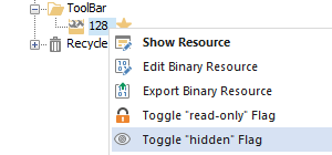 Trados Studio toolbar with options to Show Resource, Edit Binary Resource, Export Binary Resource, Toggle 'read-only' Flag, and Toggle 'hidden' Flag.