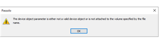 Trados Studio error message dialog box stating 'The device object parameter is either not a valid device object or is not attached to the volume specified by the file name.' with an OK button.