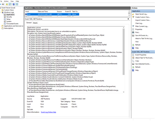Screenshot of Windows Event Viewer showing a crash log with details of the exception stack trace related to Passolo Professional Edition 2016.