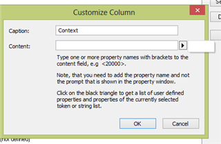 Trados Studio 'Customize Column' dialog box with 'Caption' field filled as 'Context' and 'Content' field empty with a note on adding property names.