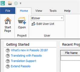 Trados Studio interface showing the Home tab with Start Page, Open, and Edit User List options under Project and User sections. The Getting Started and Recent Projects panels are visible on the main screen.