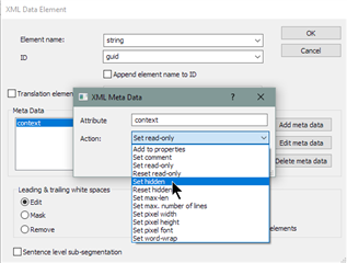 Trados Studio XML Meta Data menu with 'Set hidden' option highlighted indicating how to hide strings.